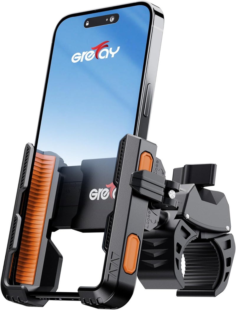 Grefay Bike Phone Mount for Electric, Mountain, Scooter, and Dirt Bikes [Camera Friendly] [1s Lock] Universal 360° Bicycle Handlebar Holder for iPhone 15/14/13 Samsung S23/S22 4.5-7" Smartphone (Orange) - Image 1